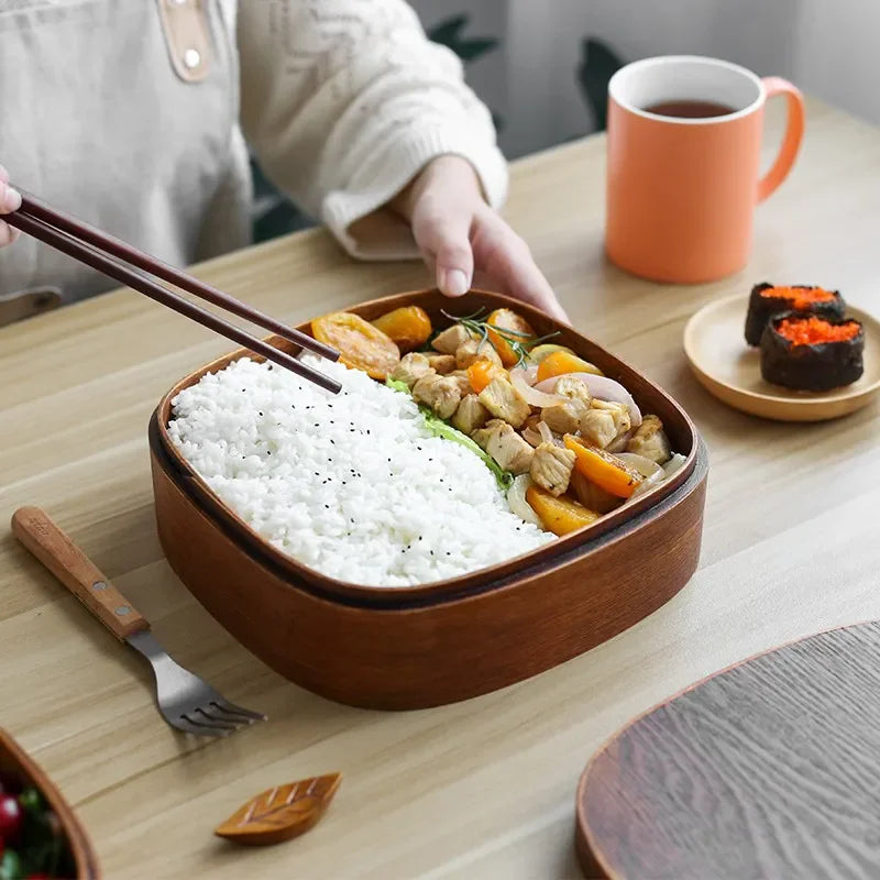 Japanese Wooden Lunch Box Picnic Bento Box Student Lunchbox Double Layer with Spoon Fork Tableware Set Sushi Food Container