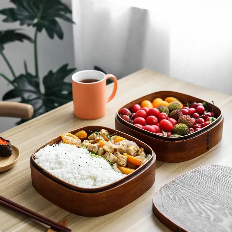 Japanese Wooden Lunch Box Picnic Bento Box Student Lunchbox Double Layer with Spoon Fork Tableware Set Sushi Food Container