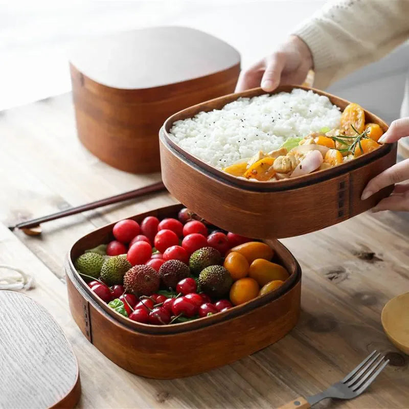 Japanese Wooden Lunch Box Picnic Bento Box Student Lunchbox Double Layer with Spoon Fork Tableware Set Sushi Food Container