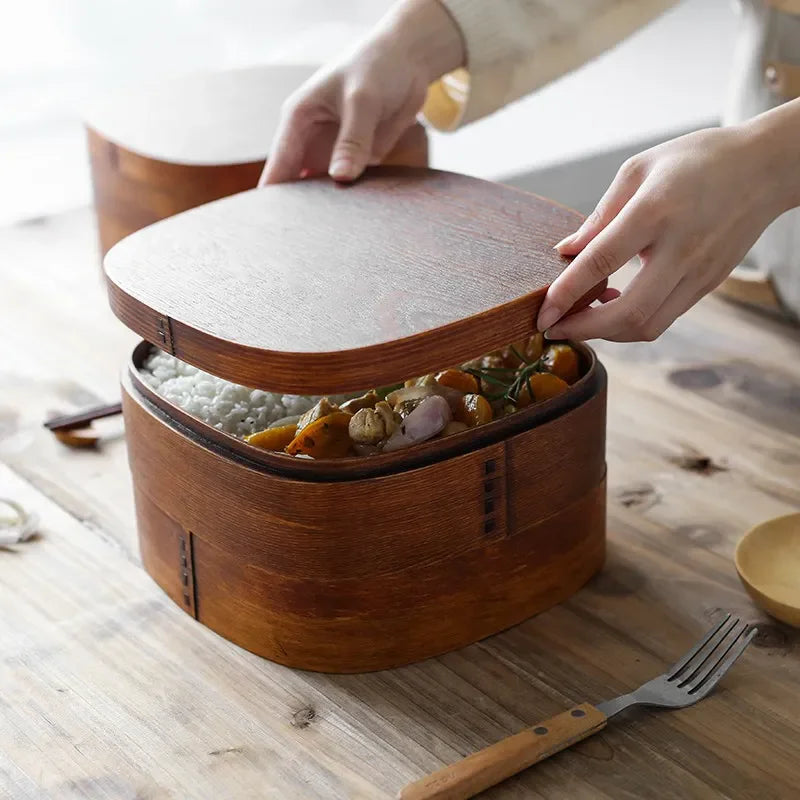Japanese Wooden Lunch Box Picnic Bento Box Student Lunchbox Double Layer with Spoon Fork Tableware Set Sushi Food Container